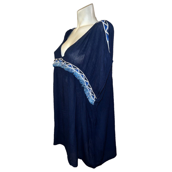 ATMOSPHERE Top Women's Size L Blue Fringe Accent V-neck Swim Beach Cover Up - Picture 4 of 7